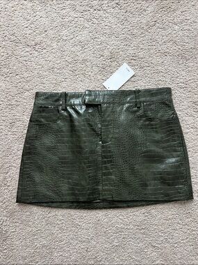 Mango Olive Green Faux Croc Mini Skirt
